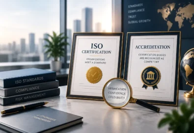 Professional desk setup showing ISO certification and accreditation documents with verification symbol representing trust and credibility