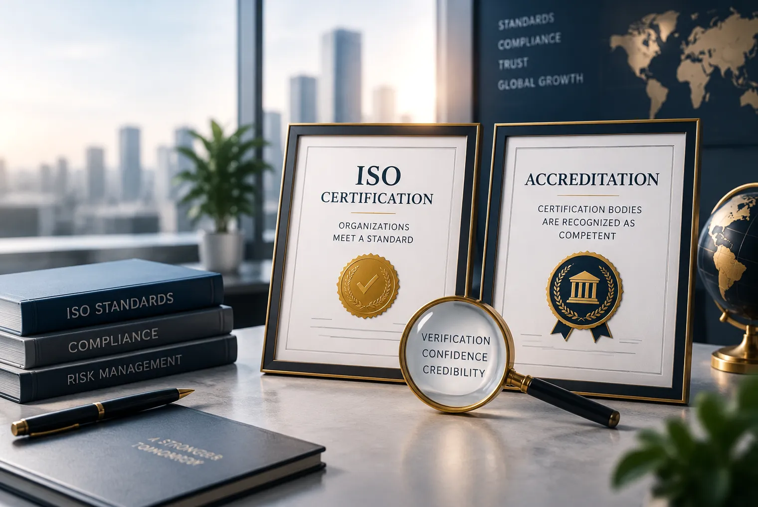 Professional desk setup showing ISO certification and accreditation documents with verification symbol representing trust and credibility