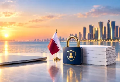 Qatar data privacy and security concept with flag, padlock and Doha skyline
