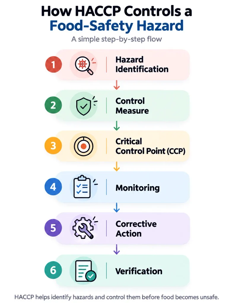 HACCP food safety flowchart showing hazard identification, control measures, CCPs, monitoring, corrective action and verification.