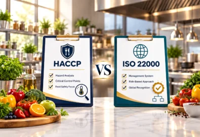 HACCP vs ISO 22000 comparison displayed in a commercial kitchen with fresh food and food-safety checklists.