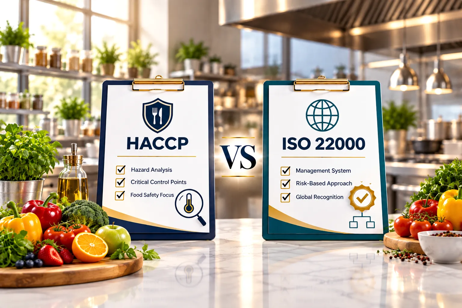 HACCP vs ISO 22000 comparison displayed in a commercial kitchen with fresh food and food-safety checklists.