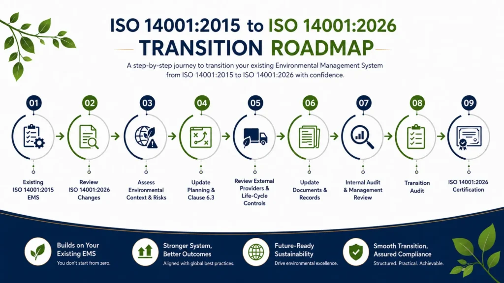ISO 14001:2015 to ISO 14001:2026 transition roadmap showing nine steps from an existing EMS through review, risk assessment, planning, documentation, audits, and final ISO 14001:2026 certification.