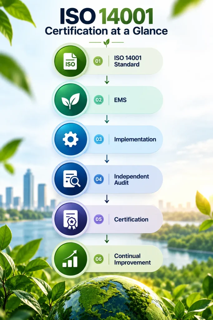 What is ISO 14001 Certification? An infographic showing the ISO 14001 certification process from the ISO 14001 standard and Environmental Management System (EMS) through implementation, independent audit, certification, and continual improvement, with environmental imagery and a sustainability-themed background.