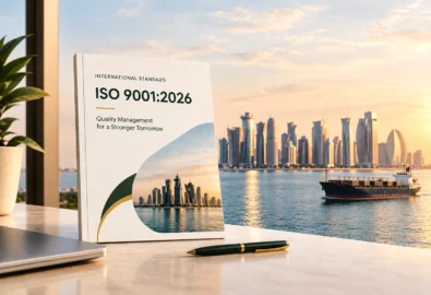 ISO 9001:2026 quality management standard with Doha skyline and harbor view