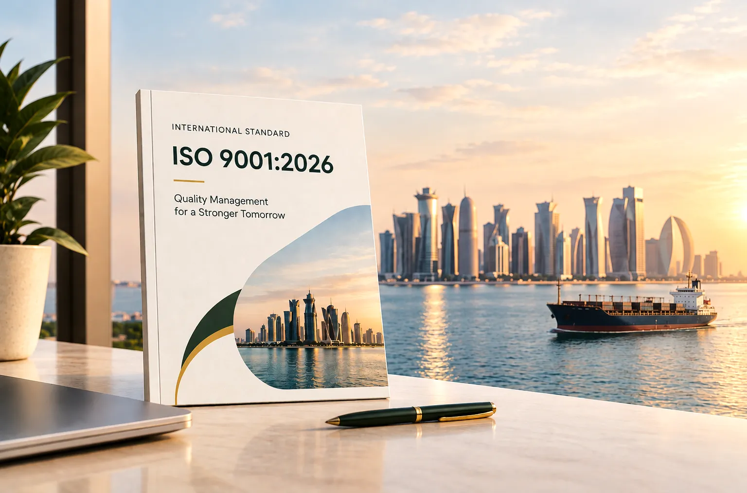 ISO 9001:2026 quality management standard with Doha skyline and harbor view