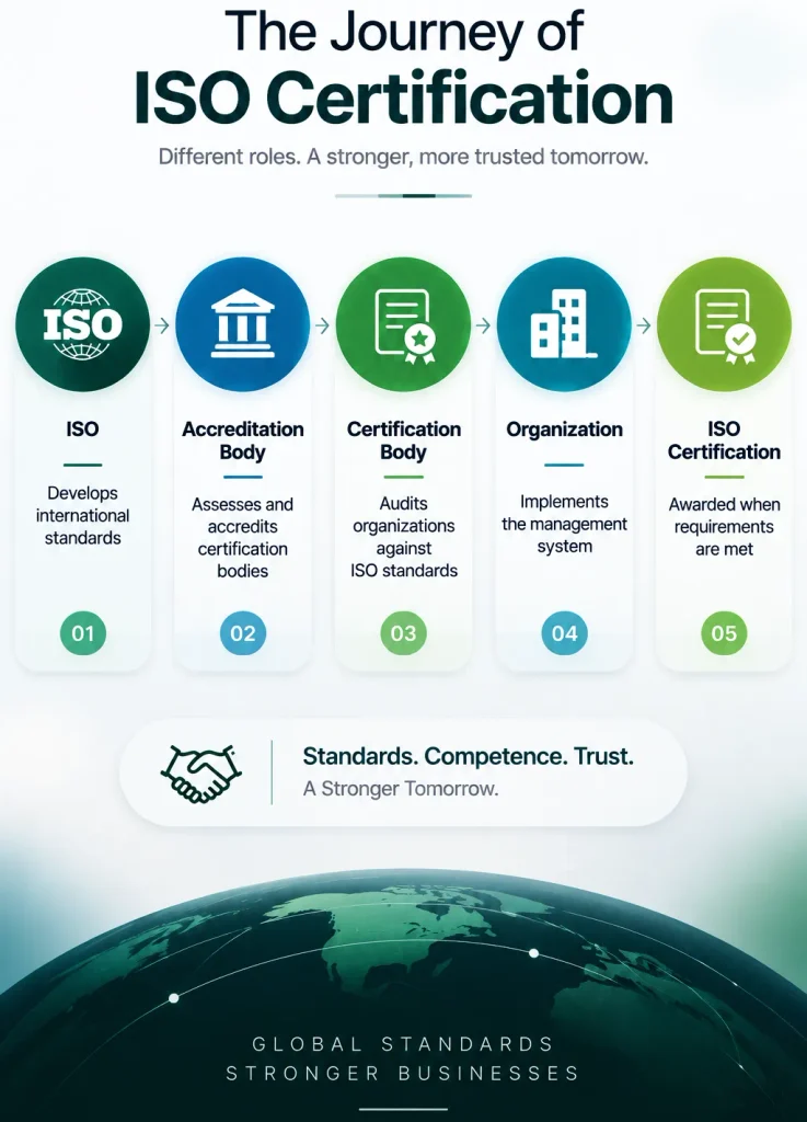 ISO certification journey infographic showing the roles of ISO, accreditation body, certification body, organization, and the process of achieving ISO certification