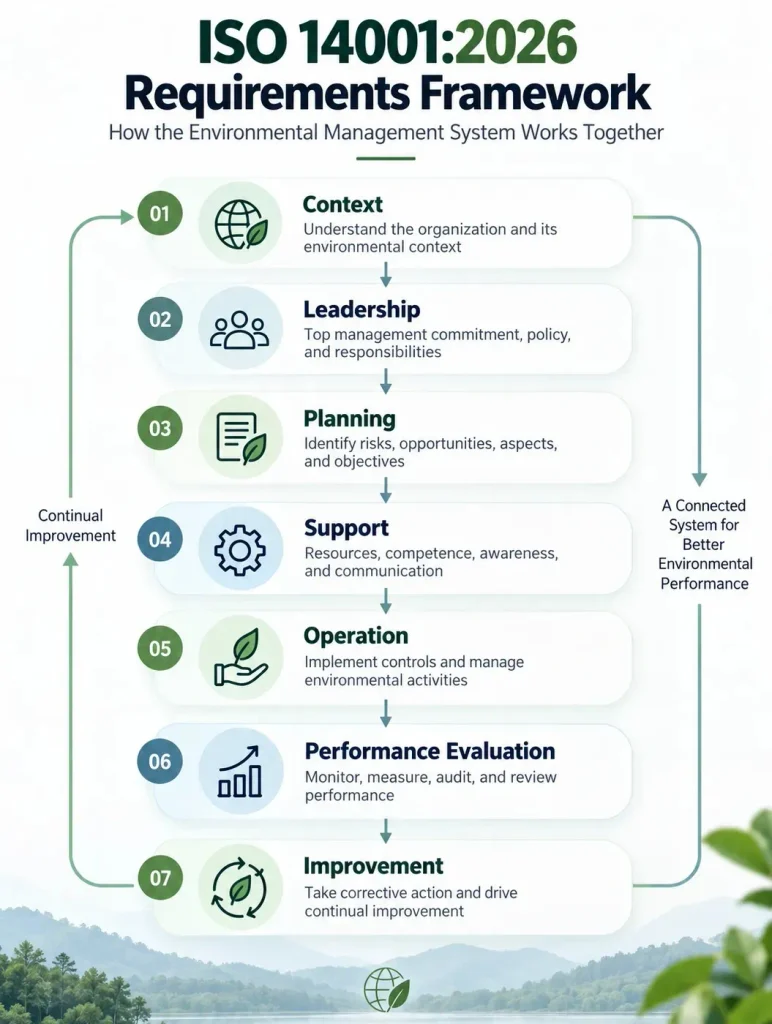ISO 14001 Certification Requirement framework showing context, leadership, planning, support, operation, performance evaluation, and improvement.