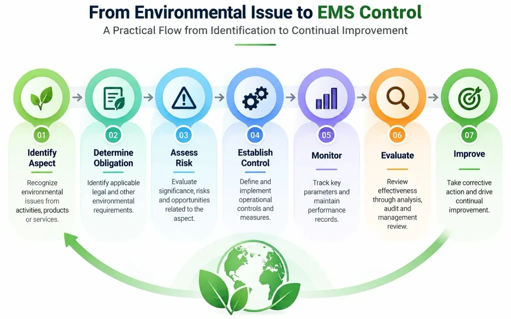 ISO 14001 Certification Requirement process from identifying environmental aspects to monitoring, evaluation, control, and continual improvement.