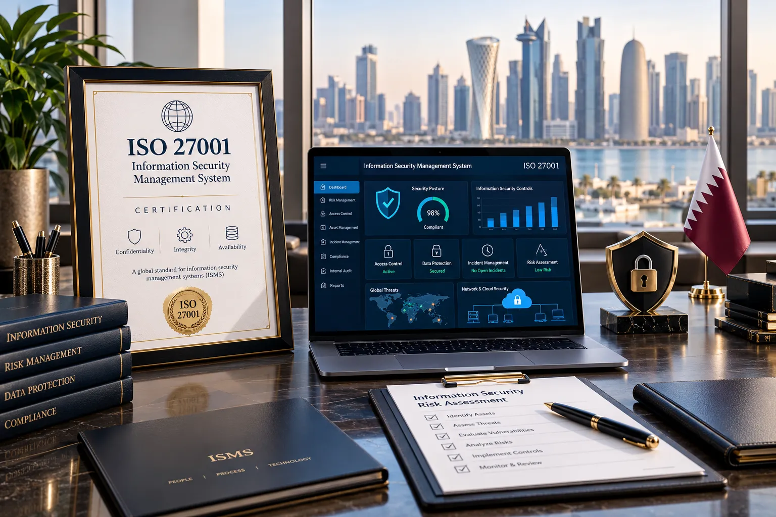 ISO 27001 certification in Qatar featuring an information security certificate, cybersecurity dashboard, risk assessment checklist, and Doha skyline.
