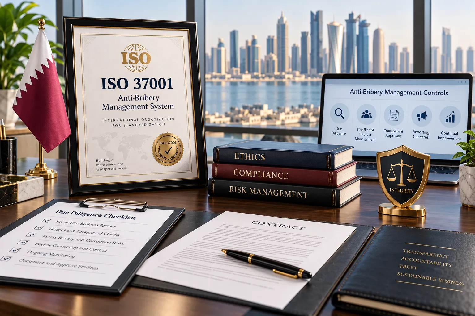 ISO 37001 certification in Qatar featuring an anti-bribery management certificate, due diligence checklist, compliance documents, and Doha skyline.