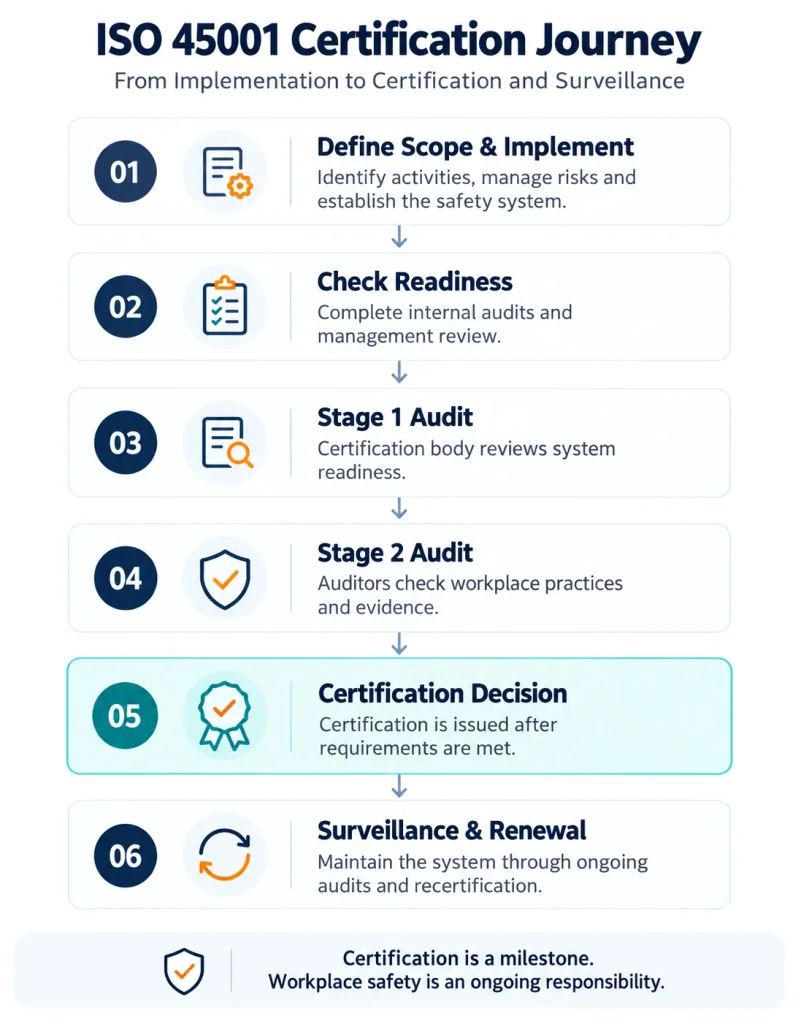 ISO 45001 certification journey showing implementation, readiness review, Stage 1 and Stage 2 audits, certification decision, and surveillance.
