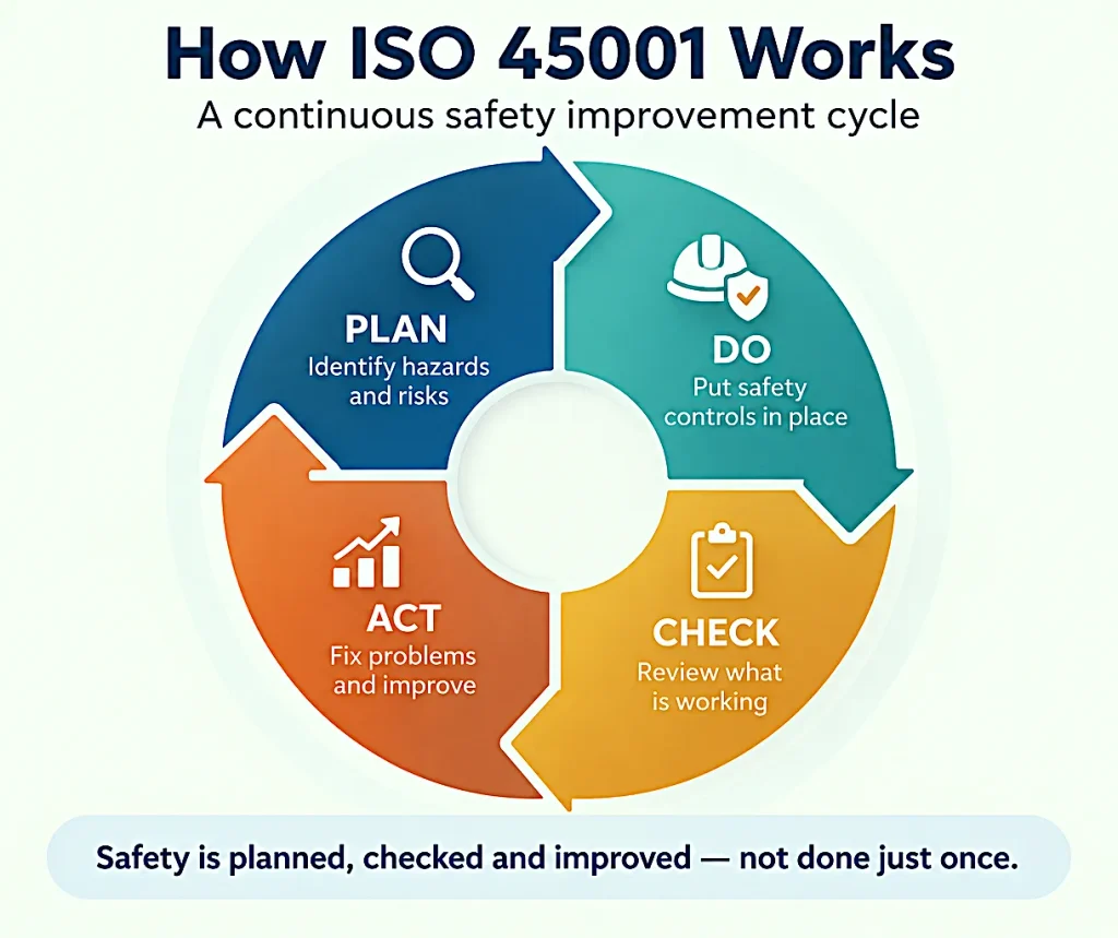 ISO 45001 safety improvement cycle illustrating Plan, Do, Check, and Act to identify hazards, implement controls, review results, and improve safety.
Copy
