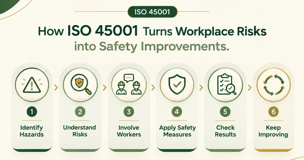 Six-step ISO 45001 workplace safety improvement infographic showing hazard identification, risk assessment, worker involvement, safety controls, performance checks, and continual improvement.