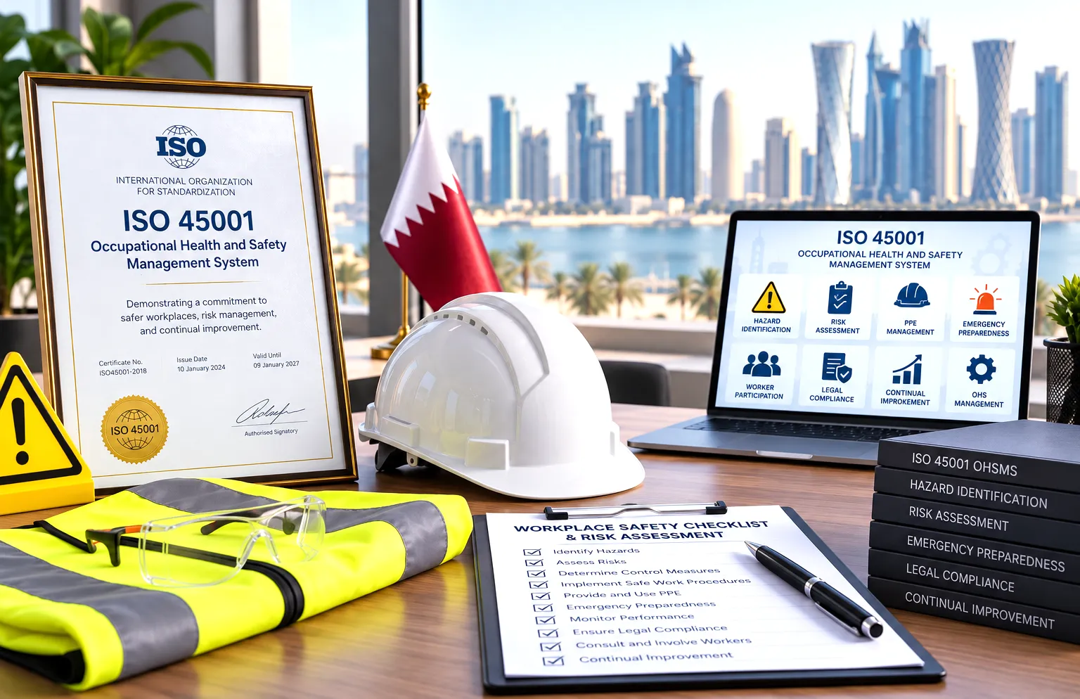 ISO 45001 certification banner showing workplace safety equipment, safety checklist, and occupational health and safety management graphics in a Doha office setting.