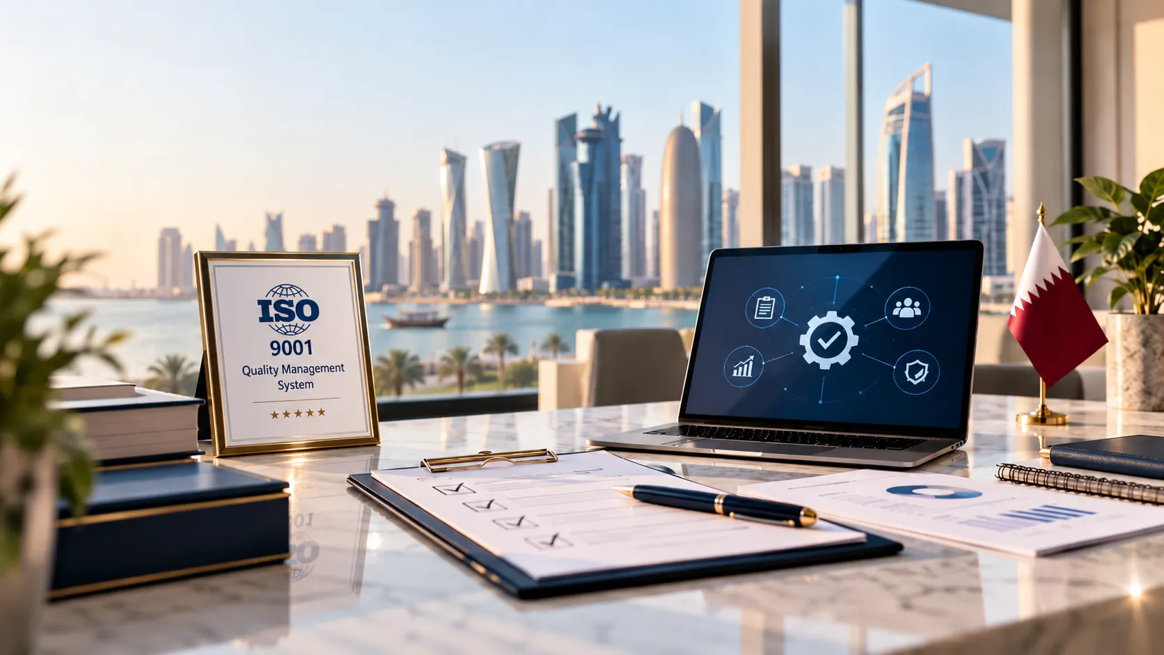 ISO 9001 certification for quality management systems in Qatar, featuring a certificate, audit checklist, and Doha skyline.