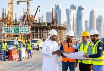 Construction safety professionals wearing hard hats and reflective vests reviewing blueprints and a tablet at a construction site with cranes, workers, safety signage, and a modern city skyline.