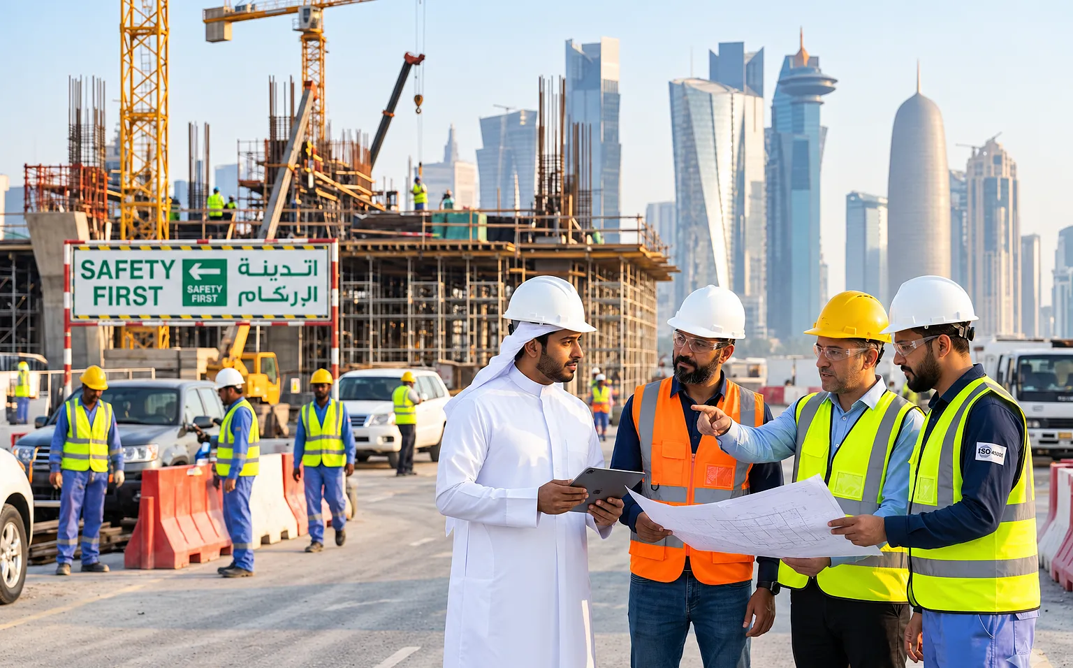 Construction safety professionals wearing hard hats and reflective vests reviewing blueprints and a tablet at a construction site with cranes, workers, safety signage, and a modern city skyline.