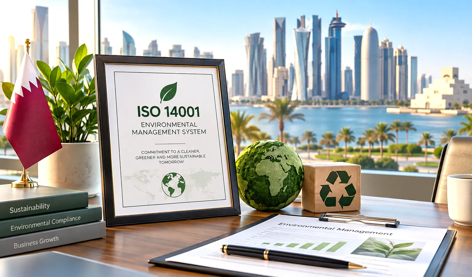 ISO 14001 certification in Qatar featuring an environmental management certificate, sustainability symbols, and Doha skyline.